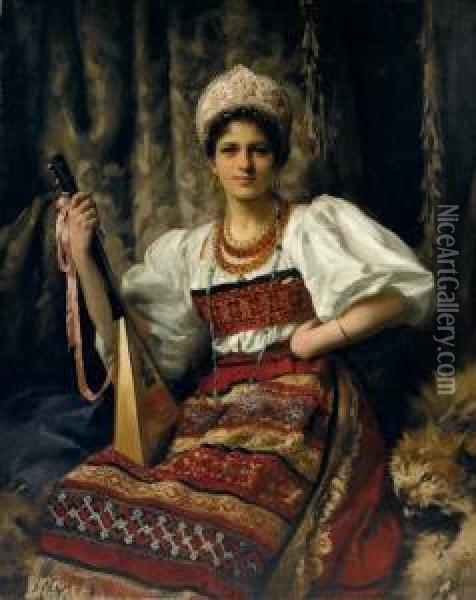 Portrait Of Anne In Russian Costume, Three-quarter Length, Holding A Balalaika Oil Painting - Thomas Benjamin Kennington