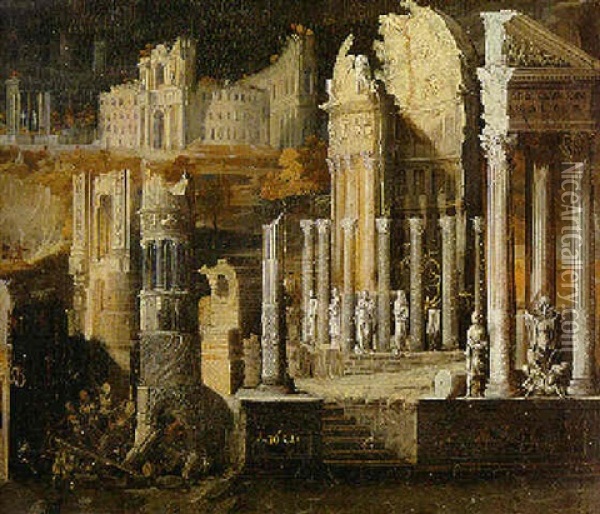 A Capriccio Of A Ruined Temple With A Colosseum Beyond Oil Painting - Francois de Nome