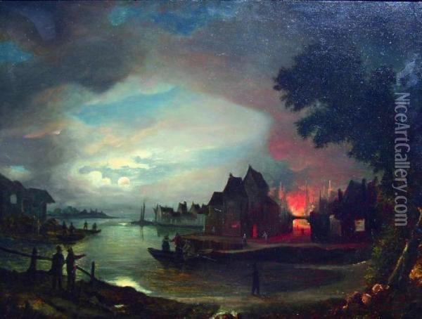 Moonlit Town Scene By A River Oil Painting - Aert van der Neer