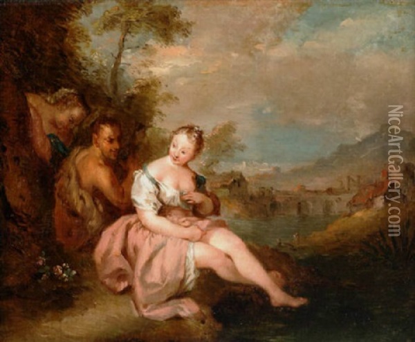 Two Nymphs With A Satyr In A River Landscape, A View To A Village Beyond Oil Painting - Jean-Baptiste Pater
