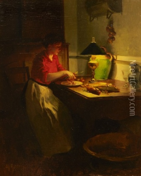 Cuisiniere Preparant Un Plat De Poissons Oil Painting - Marcel Rieder