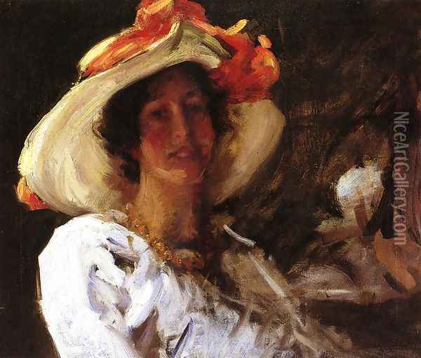 Portrait Of Clara Stephens Wearing A Hat With An Orange Oil Painting - William Merritt Chase