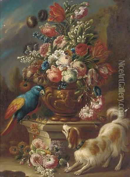 Mixed flowers in an urn on a pedestal with a parrot and a spaniel with other flowers on the ground, a landscape beyond Oil Painting - Gasparo Lopez
