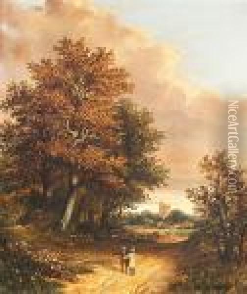 Figures On A Path Before Caistor Castle Oil Painting - Obadiah Short