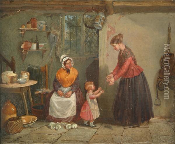 Figures In A Cottage Interior Oil Painting - Frederick Daniel Hardy