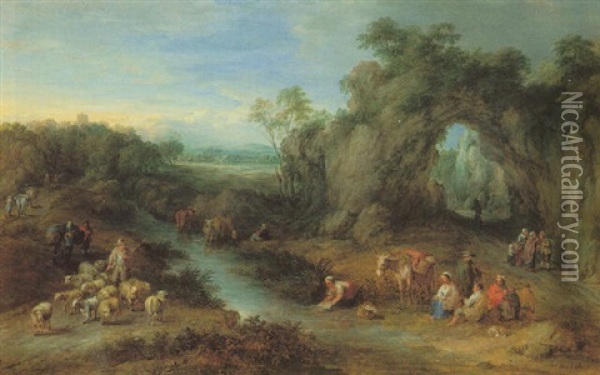 A Shepherd, Washerwoman, And Other Figures By A Brook Oil Painting - Theobald Michau