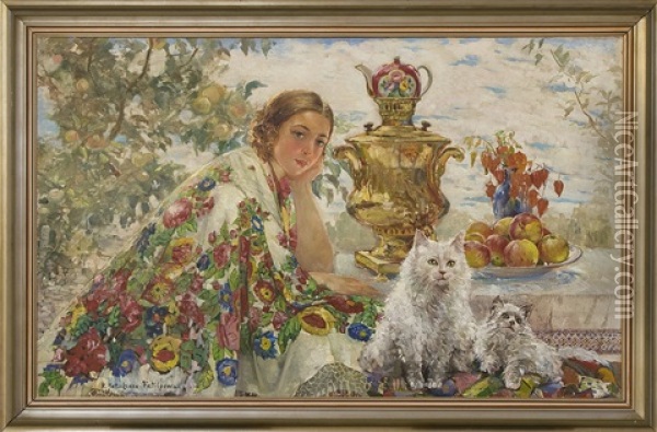 Young Woman With A Shawl, Cats And Samovar In The Garden (+ Portrait Of A Woman, Verso) Oil Painting - Ekaterina Kachura-Falileeva