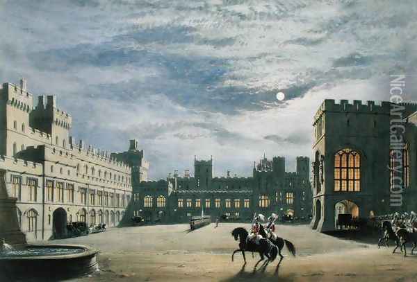 State arrival of a royal visitor, the Quadrangle by moonlight, Windsor Castle, 1838 Oil Painting - James Baker Pyne