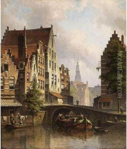 A Canal In A Dutch Town Oil Painting - Eduard Alexander Hilverdink