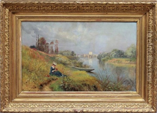 Somerlicher Tag An Einem Flusslauf Mit Blumen Pfluckendem Madchen Oil Painting - Pierre-Ernest Ballue
