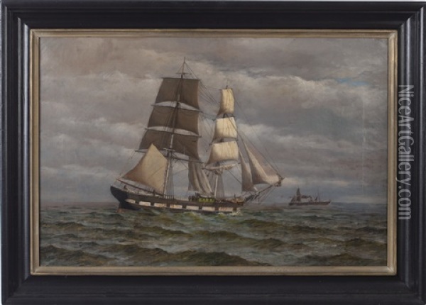 Portrait Of A Two-masted Brig Passing A Steamship Oil Painting - Rominer Lovewell