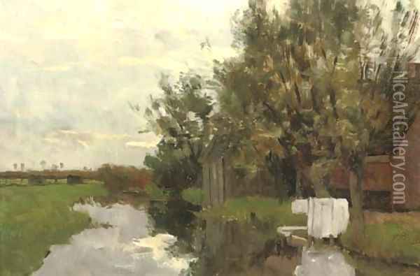 Farmhouse along a quiet stream Oil Painting - Victor Bauffe