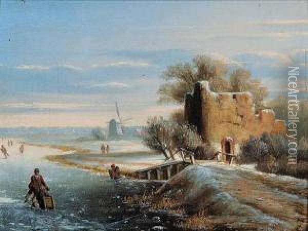 Untitled - Dutch Winter Scene Oil Painting - Johann Peter Von Langer