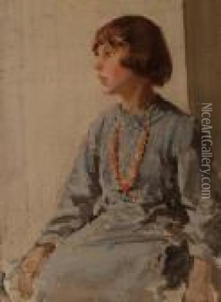 Sudy Of A Young Girl Wearing Coral Beads. Oil Painting - Harry Watson