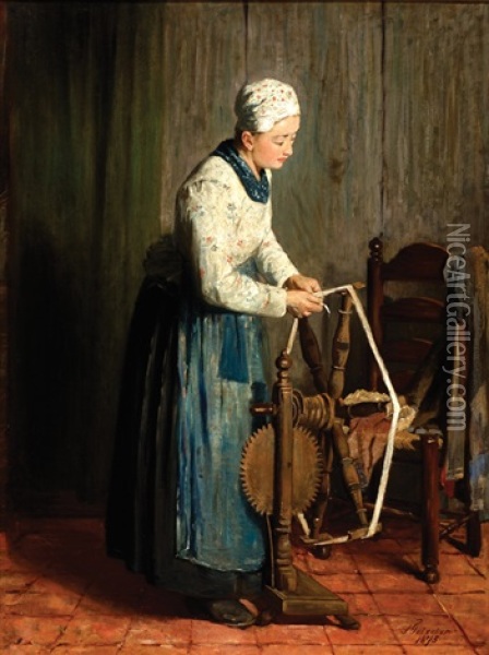 Young Woman By A Spinning Wheel Oil Painting - Sara Teixeira De Mattos