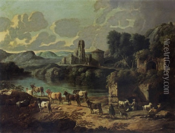 An Italianate River Landscape With Shepherds And Their Flock Resting, The Ruins Of A Town Beyond Oil Painting - Cajetan Roos