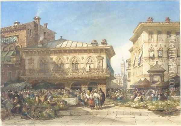 A flower market, Verona Oil Painting - William Wyld