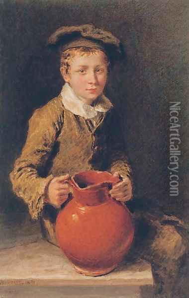 Portrait of one of the Swain brothers holding a pitcher Oil Painting - William Henry Hunt