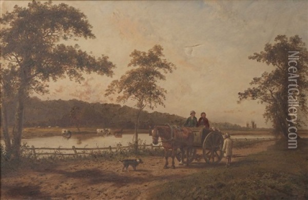 River Landscape With Figures Chatting From A Horse And Cart On A Country Road Oil Painting - Samuel Joseph Clark