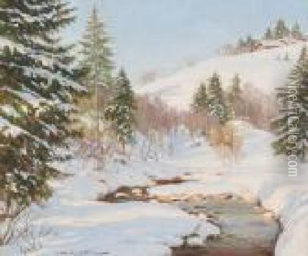 Snowy Stream In A Winter Landscape Oil Painting - Constantin Alexandr. Westchiloff