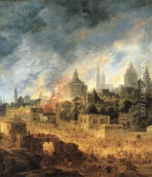 The Burning Of Troy Oil Painting - Daniel van Heil