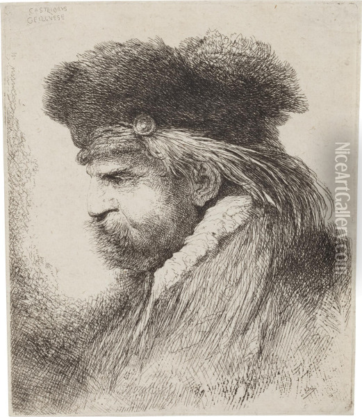 Man With A Bushy Moustache In A Fur Hat Oil Painting - Giovanni Benedetto Castiglione