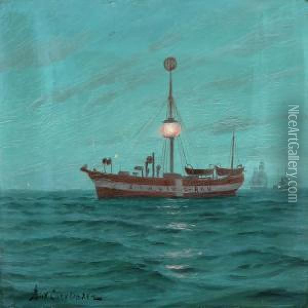Marine With The Lightship Skagen Rev At Sea Oil Painting - Andreas Christian Riis Carstensen