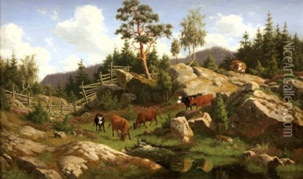 Herd Of Cattle On Hill Oil Painting - Carl Henrik Bogh