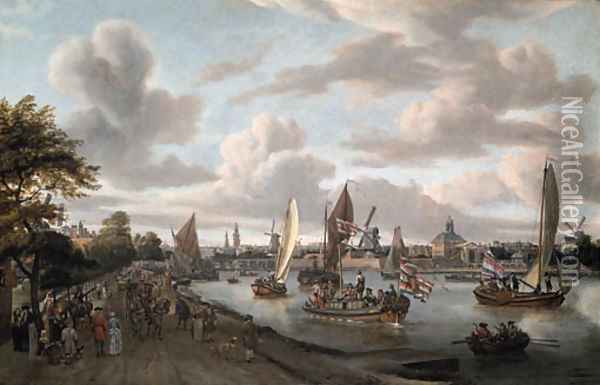 A View of Amsterdam with a trekschuit and smalschepen on the river Buiten-Amstel near the hooge sluis, with elegant figures Oil Painting - Abraham Storck