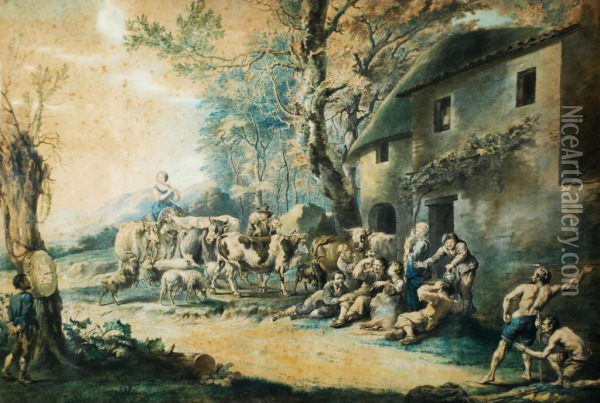 Exterior Of A Country Inn With Numerous Figures Oil Painting - Willem Jacob Herreyns