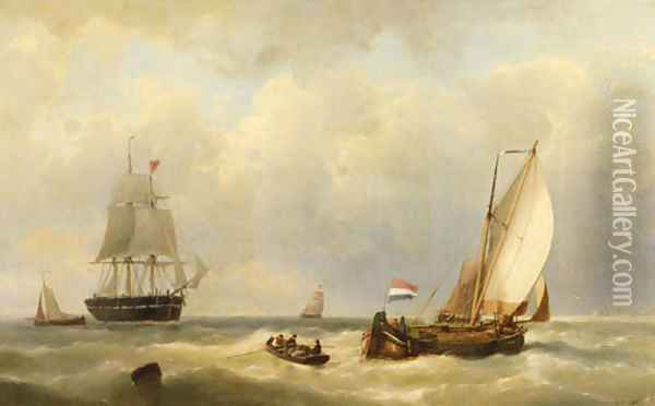 Sailors in a rowingboat approaching a three-master at sea Oil Painting - Johannes Hermanus Koekkoek
