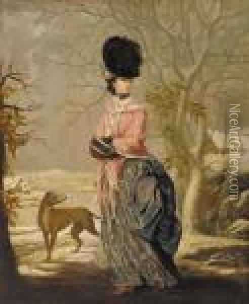 Winter, Portrait Of A Lady, 
Full-length, In A Blue Dress With Pink Wrap And Black Hat, In A 
Landscape With A Dog Oil Painting - John Raphael Smith