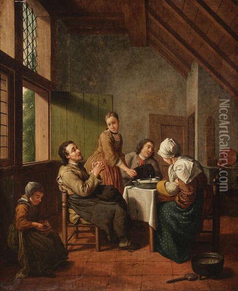 Boerenmaaltijd Met Zogende Moeder, Dienstmeid En Twee Heren Oil Painting - Jan Jozef, the Younger Horemans