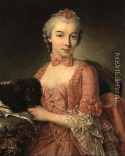 Portrait Of A Young Noblewoman With Her Pet Dog On A Table Beside Her Oil Painting - Donat Nonotte