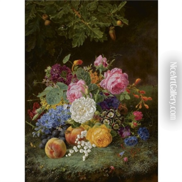 A Still Life With Flowers And Fruit On A Forest Ground Oil Painting - Henriette Gertrude Knip