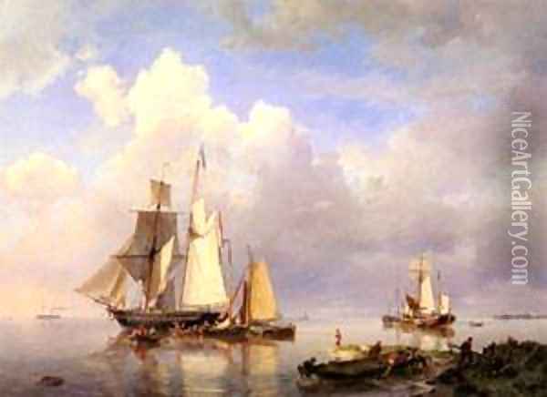 Vessels At Anchor In Estuary With Fisherman Oil Painting - Barend Cornelis Koekkoek