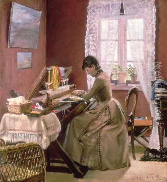 Johanne Wilde, the artists wife, at her loom Oil Painting - Lauritz Andersen Ring
