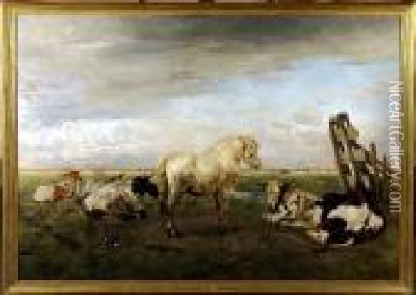 [vaches Et Chevaux Dans Les Pres] Oil Painting - Alfred Jacques Verwee