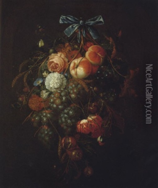 Stilleben Mit Einem Blumenstraus Und Fruchten Sowie Zwei Schnecken Und Einer Kleinen Spinne Oil Painting - Cornelis De Heem