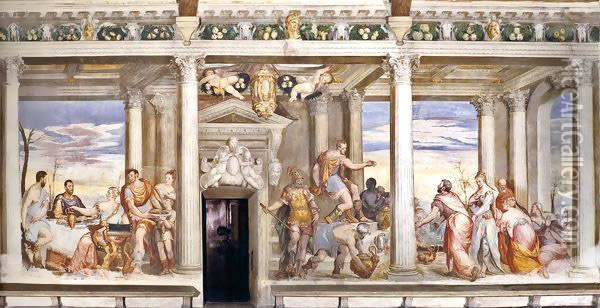 Cleopatra's Banquet; The Continence of Scipio Oil Painting - Giovanni Antonio Fasolo