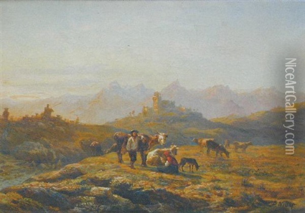 Paysage Au Troupeau Et Au Vieux Chateau Oil Painting - Benjamin Netter
