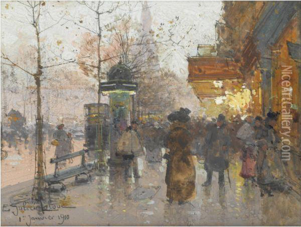 Les Grands Boulevards Le Jour De L'an Oil Painting - Eugene Galien-Laloue