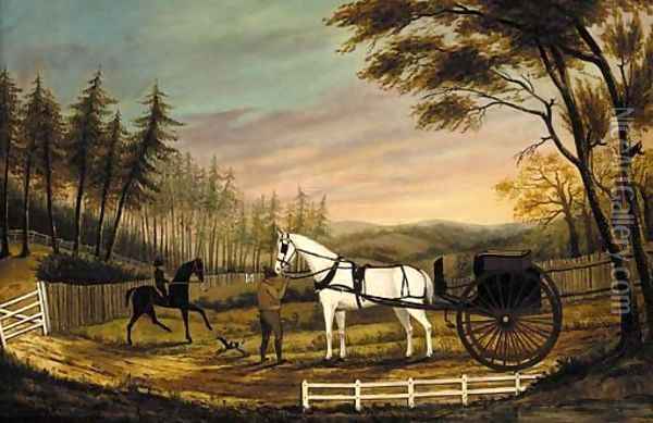 A gentleman with a horse and gig in a landscape Oil Painting - American School