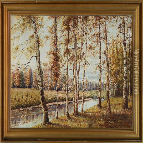 Stream In A Birch Forest Oil Painting - Alexandr Alekseevich Borisov