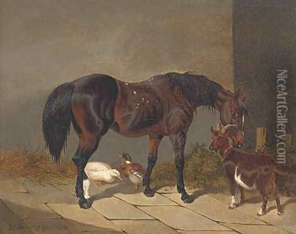 A bay horse with a goat and ducks Oil Painting - John Frederick Herring Snr