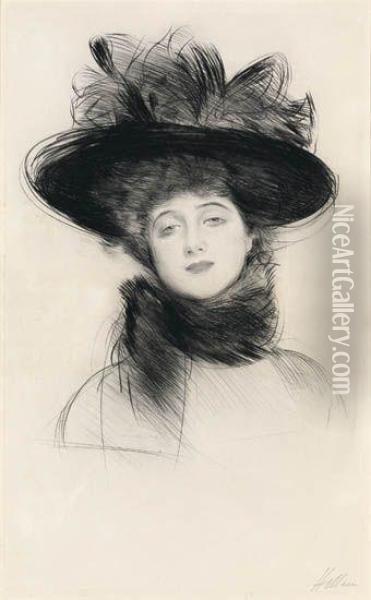 Femme Au Grande Chapeau 
Drpoint Oil Painting - Paul Cesar Helleu