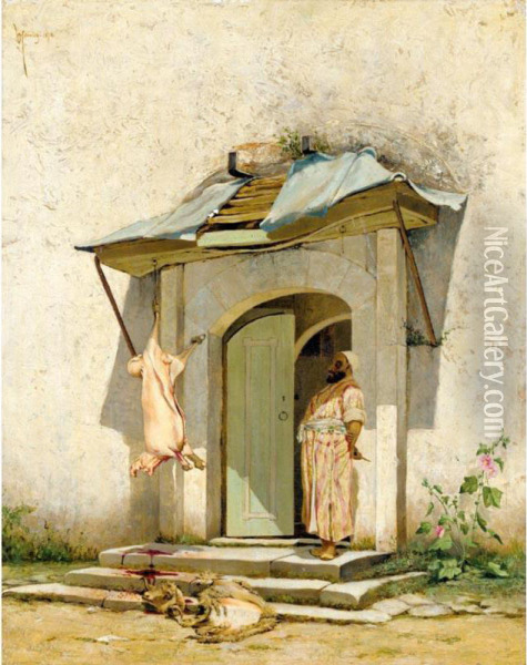 Butcher Outside A Doorway Oil Painting - Osman Pacha Zadeh Hamdy Bey