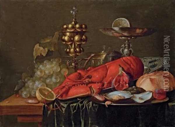 A Lobster On A Blue And White Porcelain Platter, Oysters, A Shrimp, A Plum And A Fig On A Pewter Plate, A Bread Roll, A Pewter Tazza, A Gold Stand And Grapes On A Partly-draped Wooden Table Oil Painting - Christiaan Luycks