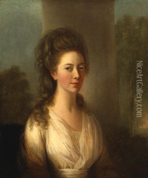 Portrait Of Mary Wathen By A Column In A Wooded Landscape Oil Painting - Thomas Hickey