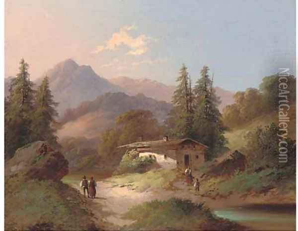 Figures by a chalet, in an Alpine landscape Oil Painting - Continental School